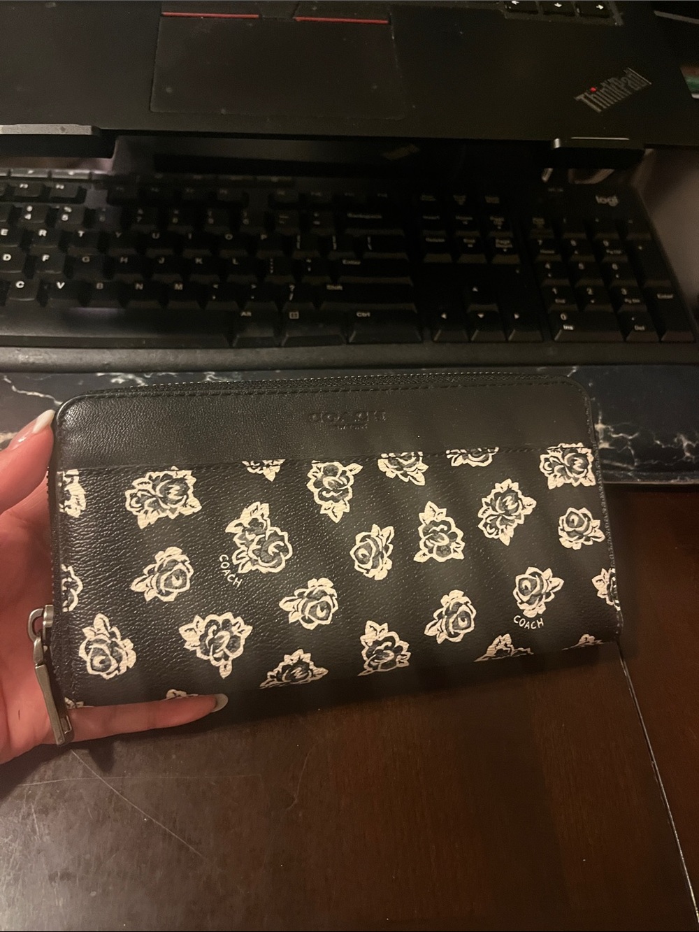 Coach Black Wallet with White Floral Pattern